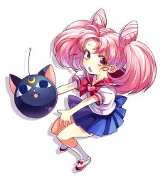 Rule 34 | 1990s (style), 1girl, bishoujo senshi sailor moon, bishoujo senshi sailor moon r, brooch, chestnut mouth, chibi usa, cone hair bun, crescent, full body, hair bun, heart, heart brooch, highres, jewelry, kneehighs, looking at viewer, luna-p, open mouth, pink hair, red eyes, retro artstyle, school uniform, shoes, simple background, skirt, socks, solo, twintails, white background, white socks, yamako (state of children)