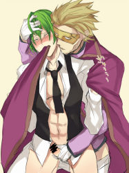 Rule 34 | 2boys, arc system works, blazblue, blonde hair, cape, censored, gloves, green hair, hazama, male focus, mask, multiple boys, necktie, relius clover, simple background, yaoi, yellow background