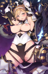 Rule 34 | 1girl, armpits, arms behind back, bare shoulders, black gloves, blonde hair, blush, breasts, brown eyes, cameltoe, cleft of venus, djeeta (granblue fantasy), elbow gloves, gauntlets, gloves, granblue fantasy, hairband, highres, large breasts, monster, nanahara fuyuki, nipples, open mouth, relic buster (granblue fantasy), restrained, short hair, snake, solo, thighhighs
