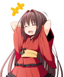 Rule 34 | +++, 1girl, :d, ^ ^, arms behind head, arms up, blush, brown hair, closed eyes, commentary request, facing viewer, fang, hair between eyes, haryuu (poetto), highres, japanese clothes, kimono, long hair, obi, open mouth, original, polka dot, red kimono, sash, short sleeves, simple background, smile, solo, very long hair, white background, wide sleeves, zashiki-warashi
