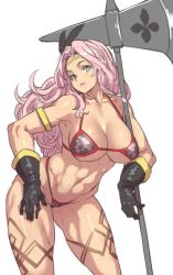 Rule 34 | 1girl, abs, amazon (dragon&#039;s crown), armlet, axe, bikini, blue eyes, breasts, dragon&#039;s crown, feather hair ornament, gloves, hair ornament, houtengeki, large breasts, long hair, micro bikini, muscular, pink hair, simple background, solo, swimsuit, tattoo, thick thighs, thighs, toned, weapon, white background
