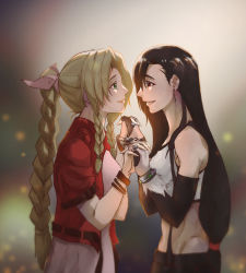 Rule 34 | 2girls, aerith gainsborough, bare arms, bare shoulders, black hair, bow, bracelet, braid, breasts, brown hair, closed mouth, earrings, elbow gloves, eyelashes, face-to-face, female focus, final fantasy, final fantasy vii, final fantasy vii remake, fingerless gloves, gloves, green eyes, highres, holding hands, interlocked fingers, jacket, jewelry, light smile, long hair, looking at another, low-tied long hair, midriff, multiple girls, parted bangs, parted lips, pink bow, pink ribbon, profile, red eyes, ribbon, smile, square enix, stomach, suspenders, tank top, teeth, tifa lockhart, twin braids, weapon, white tank top, yuri