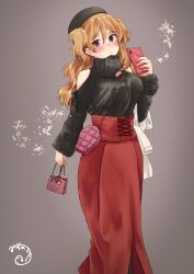 Rule 34 | 1girl, absurdres, alternate costume, bag, bare shoulders, beret, black hat, blush, braid, breasts, brown hair, cellphone, clothing cutout, hat, highres, holding, holding bag, holding phone, kantai collection, long hair, long sleeves, looking at viewer, mizunototori, phone, red skirt, ribbed sweater, shoulder cutout, side braid, simple background, skirt, smartphone, solo, sweater, turtleneck, two side up, zara (kancolle)