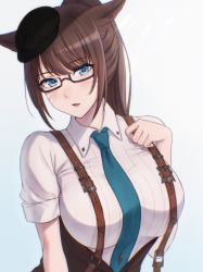 Rule 34 | 1girl, absurdres, animal ears, blouse, blue eyes, blue necktie, blush, breasts, brown hair, chiro roo, collared shirt, final fantasy, final fantasy xiv, highres, large breasts, long hair, looking at viewer, miqo&#039;te, mole, mole under eye, necktie, parted lips, ponytail, shirt, short sleeves, smile, solo, upper body, warrior of light (ff14), white shirt