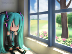 Rule 34 | =), aqua hair, blue sky, boots, character doll, cloud, day, detached sleeves, flower, gohpot, grass, hatsune miku, headset, highres, long hair, necktie, no humans, pleated skirt, realistic, signature, skirt, sky, still life, sunlight, thigh boots, thighhighs, tree, twintails, very long hair, vocaloid, watermark, web address, window