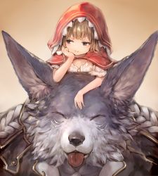 Rule 34 | 1boy, 1girl, :3, animal ears, blue eyes, brown hair, cloak, closed eyes, granblue fantasy, hand on own cheek, hand on own face, highres, hood, hooded cloak, jacket, looking away, pout, pouty lips, renie, sukemyon, tongue, tongue out, wolf, wolf ears, wulf