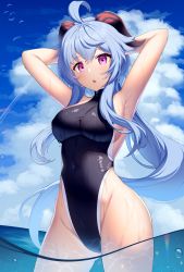 Rule 34 | 1girl, absurdres, ahoge, air bubble, armpits, arms up, bare arms, black one-piece swimsuit, blue hair, blue sky, bluerabbit gap, breasts, bubble, cloud, commentary, covered navel, cowboy shot, day, ganyu (genshin impact), genshin impact, groin, highres, horns, large breasts, long hair, looking at viewer, one-piece swimsuit, parted lips, purple eyes, sky, solo, standing, swimsuit, thighs, very long hair, wading, water
