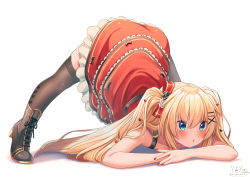 Rule 34 | 1girl, akai haato, akai haato (gothic lolita), bare arms, black bow, black footwear, blonde hair, blue eyes, blush, boots, bow, brown thighhighs, commentary request, dress, frilled dress, frills, full body, hair between eyes, hair bow, hair ornament, hairclip, heart, heart hair ornament, high heel boots, high heels, highres, hololive, jack-o&#039; challenge, layered dress, long hair, magowasabi, nail polish, parted lips, red bow, red dress, red nails, signature, simple background, solo, thighhighs, top-down bottom-up, twitter username, two side up, virtual youtuber, white background, x hair ornament
