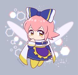 Rule 34 | 1girl, blue bow, blush, blush stickers, bow, cape, chousen yuuki, cosplay, dress, fairy, fairy wings, finger to mouth, grey background, hair bow, hexagon, kirby (series), large bow, looking to the side, magolor, magolor (cosplay), nintendo, pink hair, ribbon, ribbon (kirby), short hair, signature, simple background, solo, wings, yellow eyes, yellow footwear