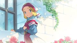 Rule 34 | 1girl, :o, blanco026, blonde hair, blue eyes, commentary request, cowboy shot, day, dress, flower, forehead, from behind, hand on own chest, highres, long sleeves, looking at viewer, looking back, nintendo, open mouth, outdoors, pink flower, pointy ears, princess zelda, puffy long sleeves, puffy sleeves, short hair, solo, stone wall, tabard, the legend of zelda, the legend of zelda: ocarina of time, veil, wall, white dress, window, young zelda