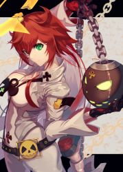 Rule 34 | 1girl, belt, black gloves, breasts, broken halo, chain, cleavage, spiked halo, gloves, green eyes, guilty gear, guilty gear strive, halo, jack-o&#039; valentine, long hair, looking at viewer, online neet, red hair, smile