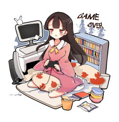 Rule 34 | 1girl, :c, animal ears, artist name, bad id, bad pixiv id, black hair, blanket, bowl, braid, chips (food), computer, controller, cup ramen, dress, english text, food, frown, futon, game controller, game over, hat, highres, houraisan kaguya, inaba tewi, itohime, long hair, neet, noodles, pillow, playing games, potato chips, rabbit ears, ribbon, seiza, short hair, silhouette, simple background, sitting, solo, teardrop, touhou, white background, yagokoro eirin