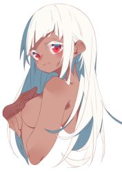 Rule 34 | 1girl, breasts, character request, colored eyelashes, copyright request, covering privates, dark-skinned female, dark skin, female focus, from behind, long hair, looking at viewer, looking back, rasusurasu, simple background, smile, solo, white background, white hair
