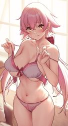 Rule 34 | 1girl, absurdres, blush, bra, branch, breasts, closed mouth, cowboy shot, crossed bangs, hair between eyes, highres, holding, holding branch, large breasts, long hair, looking at viewer, navel, original, panties, pink hair, solar (happymonk), solo, standing, stomach, twintails, underwear, underwear only, very long hair, white bra, white panties, yellow eyes