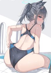 Rule 34 | 1girl, :/, absurdres, adjusting clothes, adjusting swimsuit, animal ear fluff, animal ears, ass, back, backless swimsuit, bare arms, bare shoulders, black one-piece swimsuit, blue archive, blue eyes, blush, closed mouth, competition swimsuit, doldol (rkwowlqrp), extra ears, halo, highres, looking at viewer, looking back, median furrow, medium hair, one-piece swimsuit, ponytail, pool, pool ladder, poolside, profile, shiroko (blue archive), shiroko (swimsuit) (blue archive), sidelocks, sitting, solo, swimsuit, thighs, tile floor, tiles, two-tone swimsuit, water, wedgie, wet, wolf ears