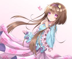 Rule 34 | 1girl, blue shirt, brown hair, closed mouth, commentary, cosplay, floral print, gradient background, hairband, heart, highres, interlocked fingers, komeiji satori, komeiji satori (cosplay), long hair, long sleeves, looking at viewer, nishida satono, own hands together, pink background, pink eyes, pink skirt, purple hairband, rose print, shirt, skirt, smile, solo, touhou, very long hair, wide sleeves, yuyu hane