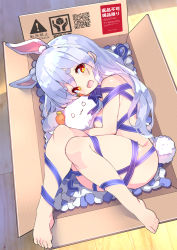Rule 34 | 1girl, alternate hairstyle, animal ear fluff, animal ears, blue hair, box, breasts, fujishima-sei ichi-gou, hair between eyes, highres, hololive, in box, in container, long hair, looking at viewer, naked ribbon, open mouth, packing peanuts, pekomon (usada pekora), pillow, rabbit ears, rabbit girl, ribbon, small breasts, solo, stuffed animal, stuffed toy, thick eyebrows, translation request, usada pekora, virtual youtuber, wooden floor, yellow eyes