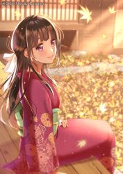 1girl artist_name autumn_leaves brown_hair dated floral_print hair_ribbon highres izumi_(stardustalone) japanese_clothes kimono long_hair purple_eyes red_kimono ribbon sitting smile white_ribbon