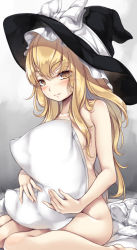 Rule 34 | 1girl, blonde hair, blush, breasts, covering privates, covering breasts, hair between eyes, hat, hat ribbon, highres, kirisame marisa, long hair, looking at viewer, lun (fatalism2018), nude, pillow, pillow grab, ribbon, sitting, small breasts, solo, touhou, underwear, unworn underwear, white ribbon, witch hat, yellow eyes