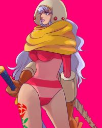 Rule 34 | 1girl, big hair, blush, breasts, candy, charlotte smoothie, curvy, food, long hair, one piece, open mouth, portrait, simple background, smile, solo, sparkle, sword, tattoo, thick thighs, thighs, weapon