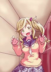 Rule 34 | 1girl, :d, blonde hair, blue sailor collar, blush, breasts, commentary request, fang, highres, inuyama aoi, long hair, long sleeves, looking at viewer, medium breasts, open mouth, paw pose, pleated skirt, sailor collar, school uniform, serafuku, skin fang, skirt, smile, sokutenkun, solo, swept bangs, thick eyebrows, white legwear, yurucamp