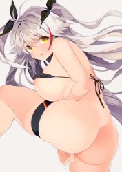 Rule 34 | 1girl, :p, antenna hair, ass, azur lane, bikini, black bikini, black ribbon, blush, breasts, breasts out, choker, closed mouth, female masturbation, fingerless gloves, flag print, floating hair, from behind, german flag bikini, gloves, grey background, gyusukiudon, hair between eyes, hair ribbon, large breasts, long hair, looking at viewer, masturbation, multicolored hair, nipples, prinz eugen (azur lane), prinz eugen (unfading smile) (azur lane), pussy juice, pussy juice trail, red hair, ribbon, silver hair, simple background, solo, streaked hair, swept bangs, swimsuit, thick thighs, thigh strap, thighs, tongue, tongue out, two side up, very long hair, yellow eyes