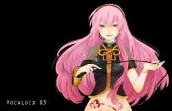 Rule 34 | 1girl, :p, aqua eyes, bad id, bad pixiv id, blood, female focus, headphones, headset, highres, long hair, maroyan, megurine luka, navel, pink hair, simple background, smile, solo, tongue, tongue out, vocaloid, whip