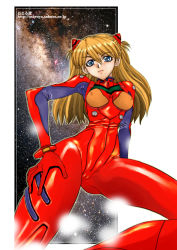 Rule 34 | 1girl, blue eyes, bodysuit, breasts, brown hair, female focus, hand on own hip, long hair, looking at viewer, medium breasts, neon genesis evangelion, osaru, plugsuit, shiny clothes, shiny skin, solo, souryuu asuka langley, twintails, two side up