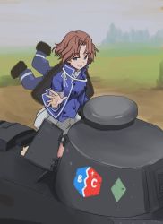 Rule 34 | 1girl, azumi (girls und panzer), bc freedom (emblem), bc freedom military uniform, blue eyes, blue jacket, blue vest, brown hair, closed mouth, commentary request, day, dress shirt, emblem, fourragere, ft-17, girls und panzer, high collar, highres, jacket, korean commentary, long sleeves, looking at viewer, military, military uniform, military vehicle, motor vehicle, outdoors, parted bangs, shirt, short hair, smile, solo, tank, uniform, vest, wani (perfect han), waving, white shirt