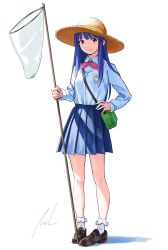 Rule 34 | bag, blue hair, blue skirt, blunt bangs, bow, bowtie, brown footwear, butterfly net, closed mouth, collared shirt, full body, furude rika, hand net, hand on own hip, handbag, hat, highres, higurashi no naku koro ni, hime cut, holding, holding butterfly net, loafers, long hair, mac naut, pink bow, pink bowtie, purple eyes, shirt, shoes, sidelocks, simple background, skirt, smile, socks, standing, sun hat, white background, white shirt, white socks