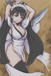 Rule 34 | 1girl, absurdres, armpits, arms up, arms up, black hair, blue eyes, breasts, butterfly swords, choker, cleavage, hair ornament, highres, iroha (samurai spirits), large breasts, looking at viewer, maid headdress, pale eyes, pelvic curtain, samurai spirits, short hair, snk, solo, tyanoki, weapon