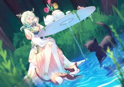 Rule 34 | 1girl, antlers, branch, breasts, bush, cat, ceres fauna, closed eyes, clover (ceres fauna), dress, drinking, flower, forest, green hair, highres, hololive, hololive english, horns, leaf, maeluriart, medium breasts, medium hair, nature, outdoors, puddle, sitting, snail (ceres fauna), table, teapot, tree, virtual youtuber, water, wavy hair