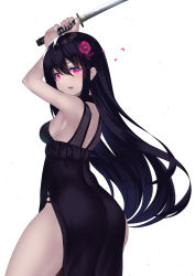 Rule 34 | 1girl, arms up, ass, bare arms, bare shoulders, black dress, breasts, cowboy shot, dress, flower, from behind, hair between eyes, hair flower, hair ornament, highres, holding, holding sword, holding weapon, long hair, looking at viewer, looking back, medium breasts, original, pelvic curtain, petals, pink eyes, pink flower, sideboob, simple background, solo, sword, tsukimizu (ordeal), very long hair, weapon, white background