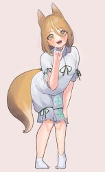 Rule 34 | 1girl, :d, absurdres, animal ears, blush, brown eyes, fox ears, fox girl, fox shadow puppet, fox tail, full body, hair between eyes, highres, kudamaki tsukasa, leaning forward, mash illust, open mouth, post, short sleeves, simple background, smile, solo, tail, touhou, unconnected marketeers, white footwear