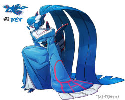Rule 34 | 1girl, absurdly long hair, artist name, black footwear, black sclera, blue hair, blue skin, colored sclera, colored skin, creatures (company), full body, game freak, gen 3 pokemon, hair ornament, high ponytail, highres, japanese clothes, kimono, kyogre, legendary pokemon, long hair, long sleeves, looking to the side, nintendo, obi, personification, pokedex number, pokemon, pokemon (creature), sash, simple background, solo, squatting, tamtamdi, very long hair, white background, wide sleeves, yellow eyes