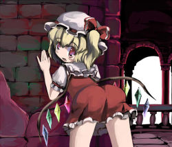 Rule 34 | 1girl, bent over, blonde hair, blouse, female focus, flandre scarlet, gatau, hat, looking back, mob cap, one side up, ponytail, red eyes, shirt, short hair, side ponytail, solo, touhou, white hat, white shirt, wings