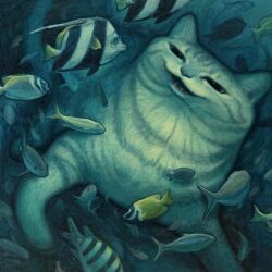 Rule 34 | animal, animal focus, cat, commentary request, fish, highres, karin hosono, looking at animal, no humans, open mouth, original, painting (medium), realistic, traditional media, underwater