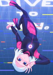 Rule 34 | 1girl, black bodysuit, black wetsuit, blue eyes, bodysuit, breasts, chobi kuma, covered navel, dive to zone, diving, diving suit, flippers, freediving, full body, holding breath, light frown, looking at viewer, pink bodysuit, pool, short hair, skin tight, small breasts, snorkel, solo, submerged, swimming, two-tone bodysuit, underwater, wetsuit, white hair