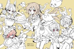 Rule 34 | 2boys, 3girls, animal, animal hat, animal hug, apron, bacheally, bell, blue eyes, bow, brown hair, capelet, cat hat, child, closed eyes, closed mouth, cowboy shot, detached collar, double bun, dress, facing ahead, feet out of frame, food, frills, greyscale, greyscale with colored background, hair between eyes, hair bun, hair ribbon, hat, head wings, highres, holding, holding plate, holding stuffed toy, leg up, long hair, long sleeves, looking at another, looking at viewer, merc storia, monochrome, multiple boys, multiple girls, open mouth, pancake, plate, puffy sleeves, red eyes, ribbon, short hair, simple background, sitting, sketch, smile, spot color, standing, stuffed animal, stuffed rabbit, stuffed toy, teddy bear, twitter username, wide sleeves, wings, yellow background