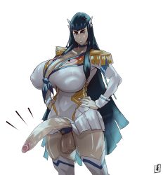 Rule 34 | 1girl, angry, black hair, blue eyes, blush, breasts, cleavage, clothes, eraanthe, erection, futanari, futanari, highres, huge breasts, huge penis, huge testicles, kill la kill, kiryuuin satsuki, long hair, looking at viewer, panties, penis, penis out, simple background, solo, testicles, underwear, veins, veiny penis, white background