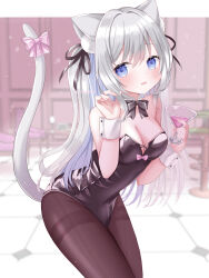 Rule 34 | 1girl, absurdres, animal ears, black bow, black bowtie, black leotard, black pantyhose, black ribbon, blue eyes, blurry, blurry background, blush, bow, bowtie, breasts, cat ears, cat girl, cat tail, cleavage, cocktail glass, cowboy shot, cup, detached collar, drinking glass, fukamimi (fukameekaki337), grey hair, hair ribbon, highres, holding, kittysuit, leotard, long hair, looking at viewer, medium breasts, nontraditional playboy bunny, open mouth, original, pantyhose, pink bow, playboy bunny, ribbon, solo, standing, strapless, strapless leotard, tail, tail bow, tail ornament, thighband pantyhose, wing collar, wrist cuffs