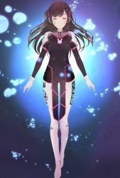 Rule 34 | 1girl, acronym, alternate color, animal print, arms at sides, black bodysuit, blue background, bodysuit, breasts, brown hair, bubble, closed eyes, clothes writing, d.va (overwatch), expressionless, facepaint, facial mark, facing viewer, full body, gloves, gradient background, headphones, high collar, kan&#039;no, long hair, medium breasts, overwatch, overwatch 1, pilot suit, rabbit print, ribbed bodysuit, shoulder pads, skin tight, solo, submerged, swept bangs, underwater, whisker markings, white gloves