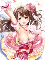 Rule 34 | 10s, 1girl, akina tsukako, breasts, brown eyes, brown hair, cleavage, commentary request, dress, gloves, idolmaster, idolmaster cinderella girls, idolmaster cinderella girls starlight stage, large breasts, long hair, one eye closed, one side up, open mouth, shimamura uzuki, smile, solo, v, white gloves