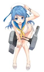 Rule 34 | 10s, 1girl, :d, anchor, arm up, bare legs, bent over, bikini, bikini bottom only, blue eyes, blue hair, blue nails, breasts, cleavage, double bun, covered erect nipples, full body, hand on own knee, hat, kantai collection, leaning forward, long hair, looking at viewer, medium breasts, nail polish, open mouth, sailor collar, sailor shirt, sandals, shirt, side-tie bikini bottom, simple background, sleeveless, sleeveless shirt, smile, solo, standing, swimsuit, takayaki, thigh strap, urakaze (kancolle), watch, white background, wristband, wristwatch