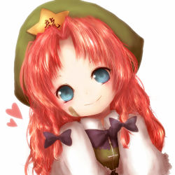Rule 34 | 1girl, amano jack, bad id, bad pixiv id, bandaid, bandaid on face, blue eyes, bow, braid, female focus, hair bow, hat, head tilt, heart, highres, hong meiling, long hair, looking at viewer, red hair, simple background, smile, solo, star (symbol), touhou, twin braids, upper body, vest, white background