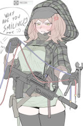 Rule 34 | 1girl, a-91, anger vein, angry, assault rifle, bipod, black gloves, black hat, black thighhighs, blush, breasts, brown eyes, brown sleeves, bullpup, chest rig, cropped jacket, flustered, gloves, gun, gun sling, hat, highres, hood, hood up, hooded jacket, jacket, long sleeves, medium breasts, medium hair, neptune zx, no pants, pink hair, plaid, plaid jacket, reflex sight, rifle, scowl, simple background, sleeves rolled up, solo, speech bubble, suppressor, thick thighs, thighhighs, thighs, weapon, white background
