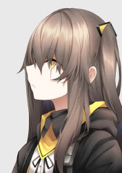 Rule 34 | 1girl, black jacket, black ribbon, brown eyes, brown hair, closed mouth, commentary, dress shirt, girls&#039; frontline, grey background, hair between eyes, hair ornament, hood, hood down, hooded jacket, jacket, long hair, looking away, nakatama kyou, neck ribbon, one side up, profile, ribbon, scar, scar across eye, scar on face, shirt, simple background, solo, ump45 (girls&#039; frontline), upper body, white shirt