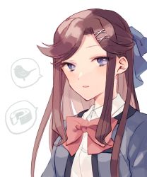 Rule 34 | 1girl, arms at sides, baumkuchen, bird, blue bow, bow, bowtie, breast pocket, brown hair, collared shirt, grey jacket, hair bow, hair ornament, half updo, jacket, long hair, looking at viewer, open clothes, open jacket, parted bangs, parted lips, pocket, purple eyes, red bow, red bowtie, school uniform, seishou music academy uniform, shirt, shoujo kageki revue starlight, sidelocks, simple background, solo, speech bubble, spoken object, tendou maya, upper body, wato (ko), white background, white shirt, x hair ornament