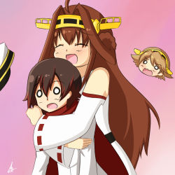 Rule 34 | 2girls, 3girls, admiral (kancolle) (cosplay), ahoge, bare shoulders, brown hair, cape, cosplay, crossover, detached sleeves, female admiral (kancolle), female admiral (kancolle) (cosplay), gradient background, hairband, hat, headgear, hiei (kancolle), hug, hug from behind, japanese clothes, kantai collection, kongou (kancolle), long hair, military, military uniform, multiple girls, naval uniform, nontraditional miko, open mouth, red hair, ruby rose, rukotaro, rwby, short hair, uniform