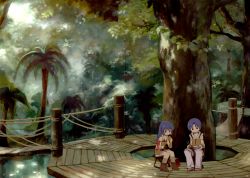 Rule 34 | 1boy, 1girl, absurdres, armband, bento, black eyes, blue hair, boots, bridge, brown footwear, brown shirt, chopsticks, closed mouth, crease, crop top, eating, foliage, food, forest, full body, fur-trimmed shirt, fur-trimmed shorts, fur trim, furu, hanging bridge, highres, holding, holding food, in-universe location, long hair, looking to the side, nature, open mouth, page number, palm tree, platform, ragnarok online, scan, scenery, shirt, short hair, short shorts, shorts, sitting, sniper (ragnarok online), stool, sunlight, third-party source, tree, two-tone shirt, wide shot, yellow shirt, yellow shorts